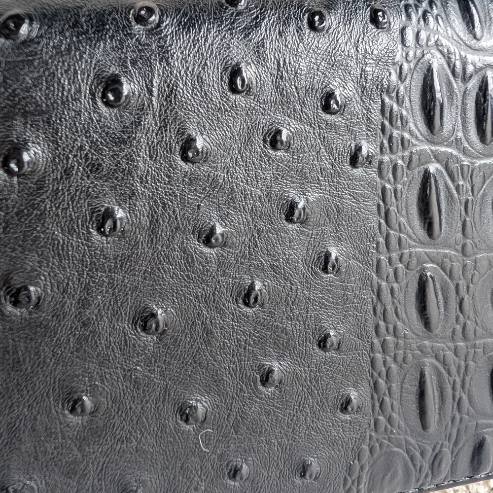 Black Faux Leather Zip Around Wallet Ostrich Croc Embossed Moto Edgy Biker Chic